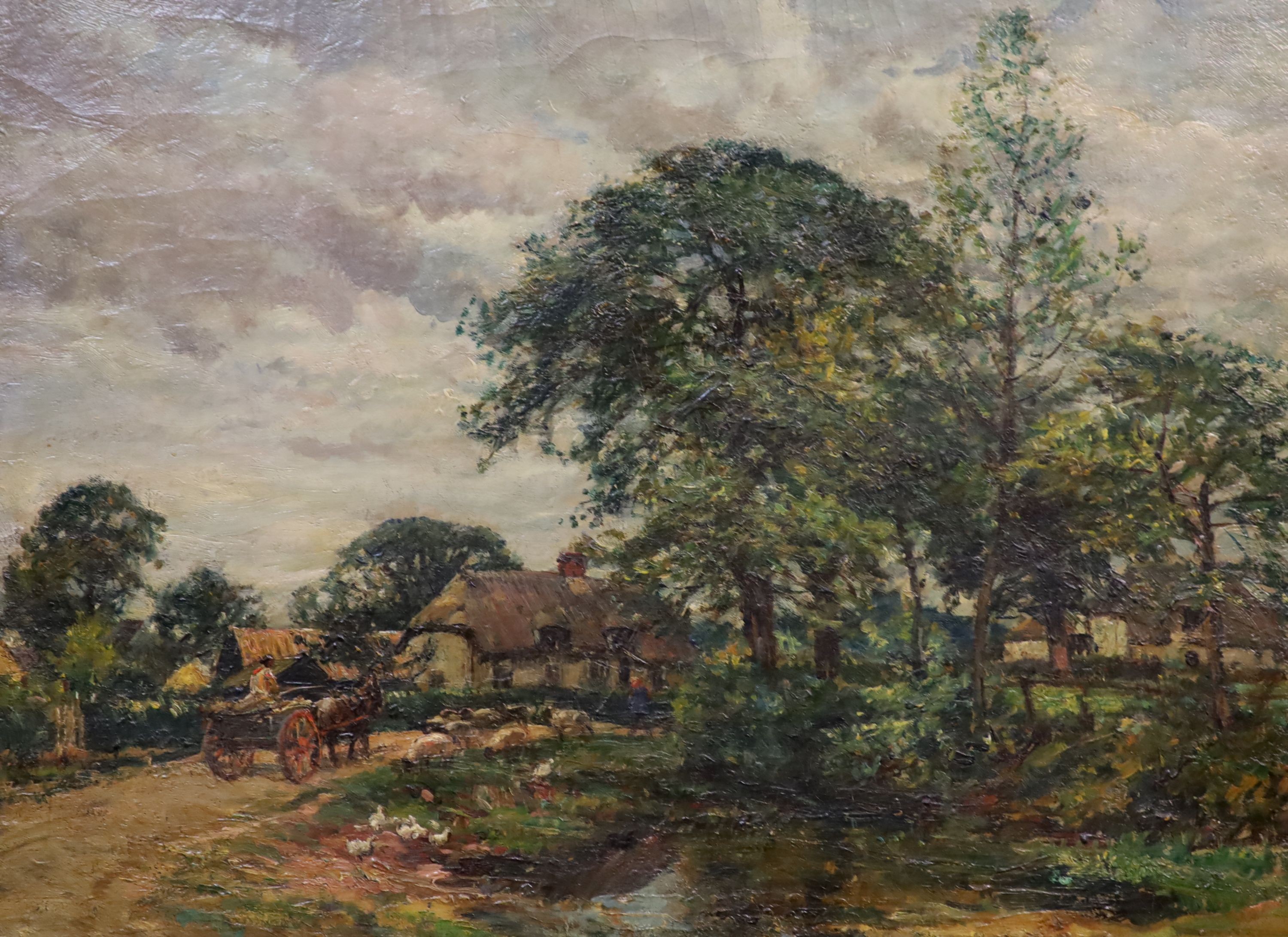 William Mark Fisher (1841-1923), Cart passing a duck pond, a farm beyond, Oil on canvas, 45 x 60cm.